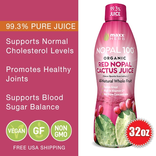 Nopal 100 Red Cactus Juice (32 oz) 1 Bottle for Healthy Digestion, Blood Sugar Balance, Supports Normal Cholesterol Levels, Vegan, Non-GMO and Gluten Free.