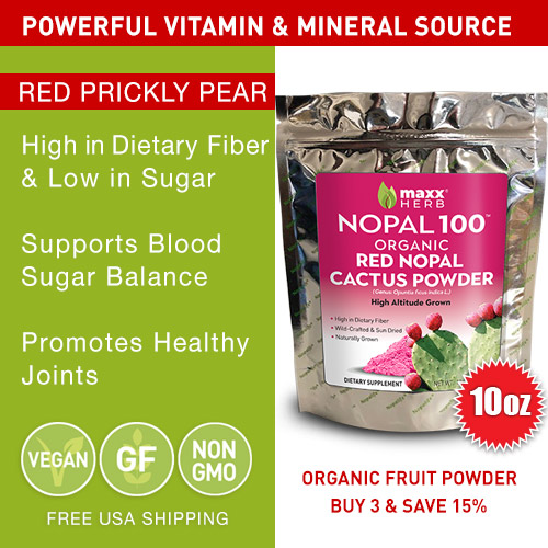 Red Nopal cactus organic fruit powder is high vitamins and minerals. Perfect herbal supplement for supporting blood sugar balance.