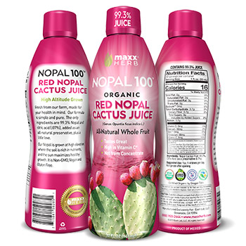 Maxx Herb's prickly pear juice is made from organic Red Nopal prickly pear fruit, for heart health, healthy digestion, and blood sugar balance. It also supports normal cholesterol levels and is vegan, non-GMO and gluten-free.