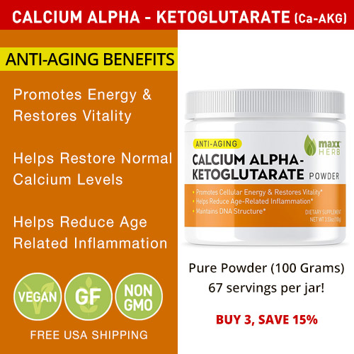 Calcium Alpha-Ketoglutarate (Ca-AKG) Anti-aging ingredient: *Ca-AKG can help promote cellular energy to maintain vitality, DNA structure, and healthy aging. Highly pure and sustained-release form of Calcium Alpha - Ketoglutarate (Ca-AKG) from Maxx Herb.