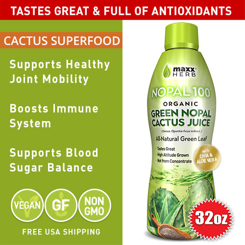 Maxx Herb Organic Green Nopal Cactus Juice (32 oz) With Chia Seeds, Aloe Vera and Agave – for Healthy Digestion, Blood Sugar Balance, and Immune Support, Vegan, Non-GMO and Gluten Free (1 Bottle)